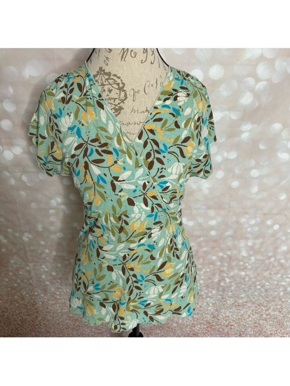 J. Jill Floral V-Neck Faux Wrap Top - Green and Blue MP